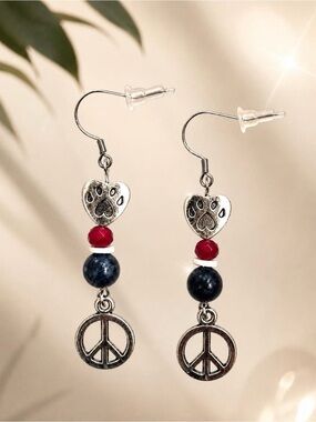 🐾 Silver Earrings for Dog Lovers with Red, White and Navy Beads